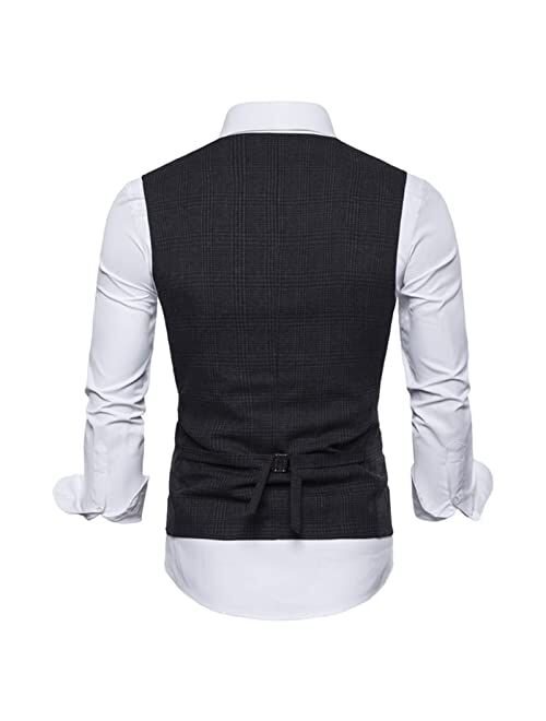 Generic Suit Vest, Slim Fit Plaid V Neck Lapel Waistcoat with 5 Buttons Fashion Casual Vest Tank Top for Jacket Tuxedo (Color : Gray, Size : Medium)