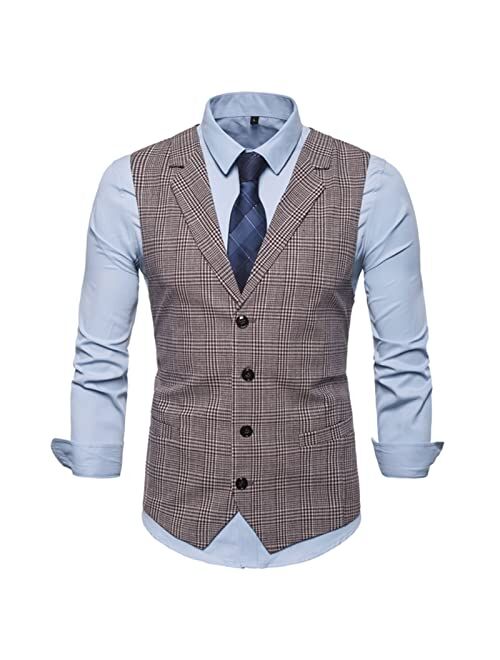 Generic Suit Vest, Slim Fit Plaid V Neck Lapel Waistcoat with 5 Buttons Fashion Casual Vest Tank Top for Jacket Tuxedo (Color : Gray, Size : Medium)