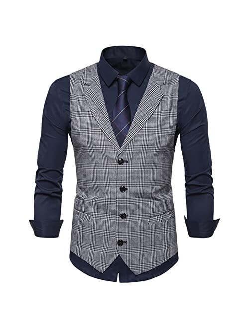 Generic Suit Vest, Slim Fit Plaid V Neck Lapel Waistcoat with 5 Buttons Fashion Casual Vest Tank Top for Jacket Tuxedo (Color : Gray, Size : Medium)