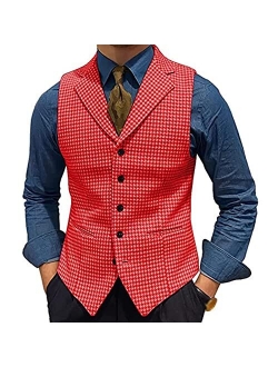 Generic Men's Tweed Plaid Lapel Suit Vest Casual Formal Dress Waistcoat Tank Top with 5 Buttons and 2 Pockets for Work Party (Color : Grey, Size : Medium)