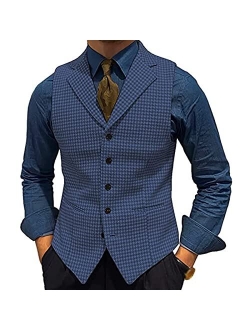 Generic Men's Tweed Plaid Lapel Suit Vest Casual Formal Dress Waistcoat Tank Top with 5 Buttons and 2 Pockets for Work Party (Color : Grey, Size : Medium)