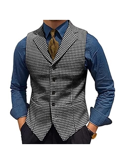 Generic Men's Tweed Plaid Lapel Suit Vest Casual Formal Dress Waistcoat Tank Top with 5 Buttons and 2 Pockets for Work Party (Color : Grey, Size : Medium)