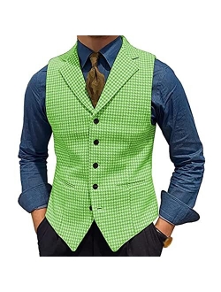 Generic Men's Tweed Plaid Lapel Suit Vest Casual Formal Dress Waistcoat Tank Top with 5 Buttons and 2 Pockets for Work Party (Color : Grey, Size : Medium)