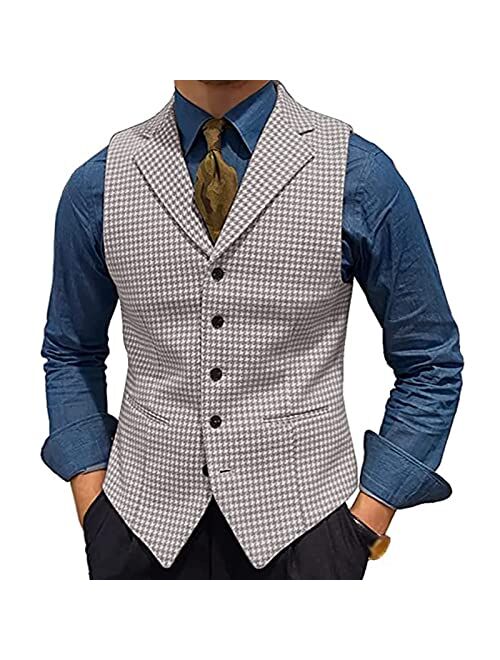 Generic Men's Tweed Plaid Lapel Suit Vest Casual Formal Dress Waistcoat Tank Top with 5 Buttons and 2 Pockets for Work Party (Color : Grey, Size : Medium)