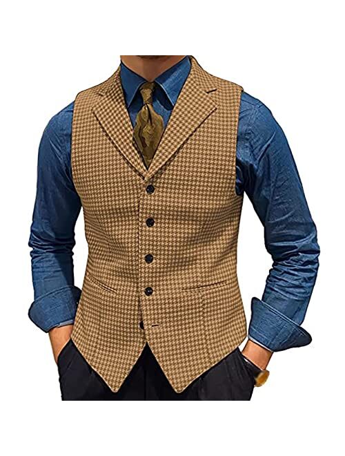 Generic Men's Tweed Plaid Lapel Suit Vest Casual Formal Dress Waistcoat Tank Top with 5 Buttons and 2 Pockets for Work Party (Color : Grey, Size : Medium)