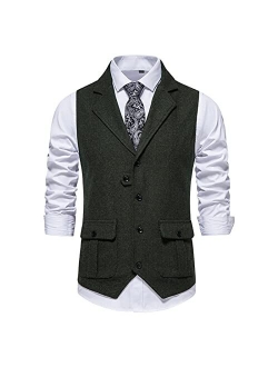 QUNPIU Mens Herringbone Tweed Suit Vest Vintage Slim Fit Notch Lapel Waistcoat Daily Business Wedding Tuxedo Blazer Vests