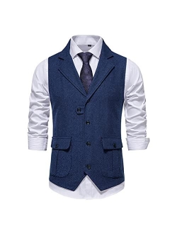 QUNPIU Mens Herringbone Tweed Suit Vest Vintage Slim Fit Notch Lapel Waistcoat Daily Business Wedding Tuxedo Blazer Vests