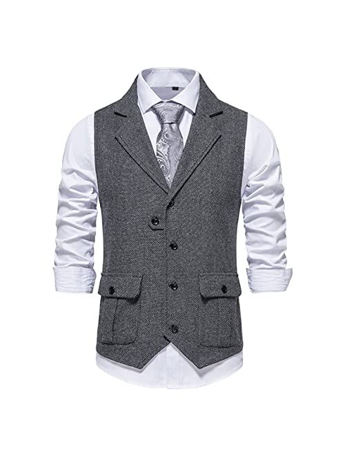 QUNPIU Mens Herringbone Tweed Suit Vest Vintage Slim Fit Notch Lapel Waistcoat Daily Business Wedding Tuxedo Blazer Vests