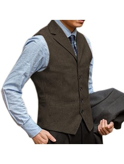 Generic Mens Formal Herringbone Dress Waistcoat Notch Lapel Tweed Casual Suit Vest for Father Husband Son Gift