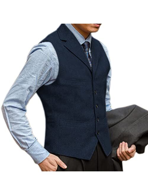 Generic Mens Formal Herringbone Dress Waistcoat Notch Lapel Tweed Casual Suit Vest for Father Husband Son Gift