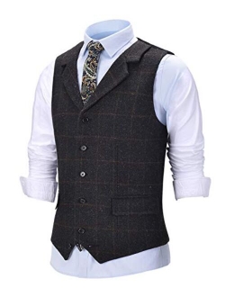 Solove-Suit Men's Formal Notch Lapel Work Suit Vest Plaid Tweed Wool Waistcoat for Wedding Groomsmen (Satin Back)