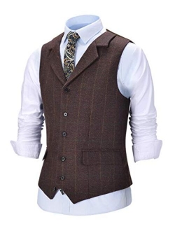 Solove-Suit Men's Formal Notch Lapel Work Suit Vest Plaid Tweed Wool Waistcoat for Wedding Groomsmen (Satin Back)