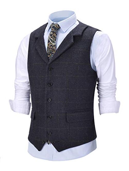 Solove-Suit Men's Formal Notch Lapel Work Suit Vest Plaid Tweed Wool Waistcoat for Wedding Groomsmen (Satin Back)