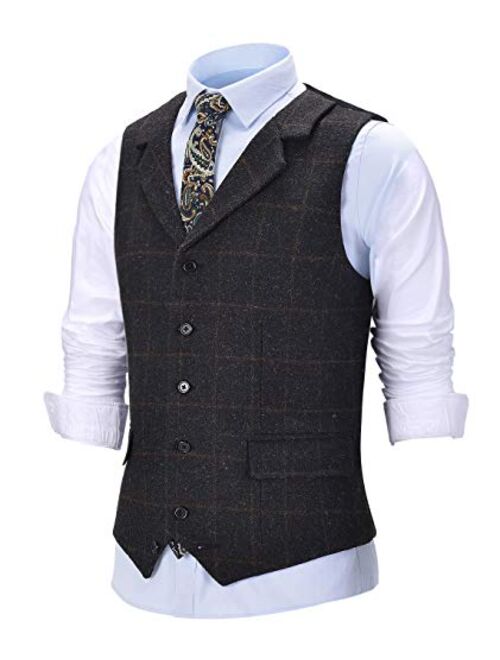 Solove-Suit Men's Formal Notch Lapel Work Suit Vest Plaid Tweed Wool Waistcoat for Wedding Groomsmen (Satin Back)