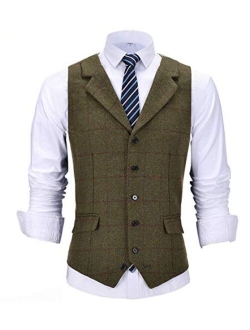 Lovee Tux Men's Plaid Vest Wool Tweed Suit Vest Formal Notch Lapel Waistcoat Groomsmen for Wedding