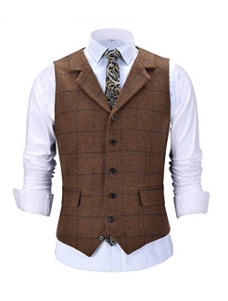 Lovee Tux Men's Plaid Vest Wool Tweed Suit Vest Formal Notch Lapel Waistcoat Groomsmen for Wedding