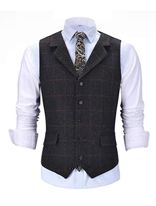 Lovee Tux Men's Plaid Vest Wool Tweed Suit Vest Formal Notch Lapel Waistcoat Groomsmen for Wedding