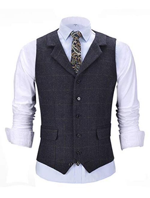 Lovee Tux Men's Plaid Vest Wool Tweed Suit Vest Formal Notch Lapel Waistcoat Groomsmen for Wedding