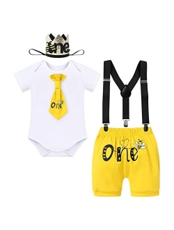 It's My 1st Bee Day Baby Boy First Birthday Clothes Bow Tie Romper Cake Smash Pants Y-Back Suspenders Photo Shoot Outfits