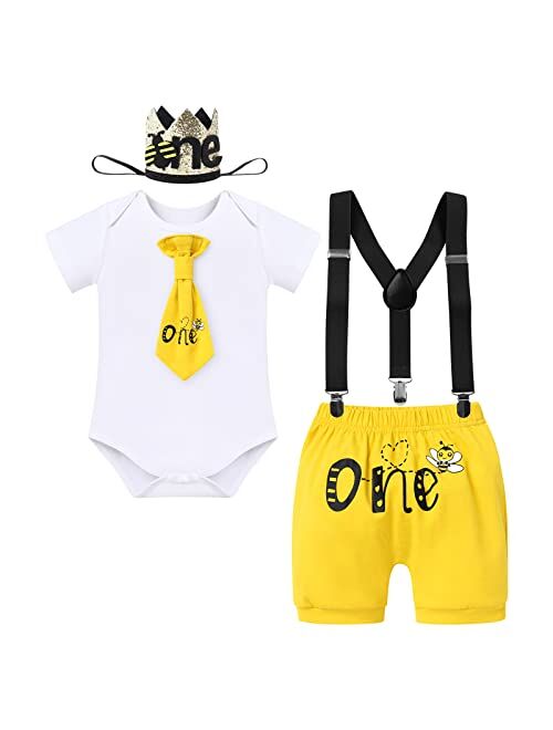 IBTOM CASTLE It's My 1st Bee Day Baby Boy First Birthday Clothes Bow Tie Romper Cake Smash Pants Y-Back Suspenders Photo Shoot Outfits