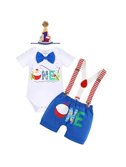 Fymnsi Fishing 1st Birthday Outfit for Baby Boys Bowtie Romper + Shorts + Suspenders + Hat Cake Smash Photo Shoot Clothes Set