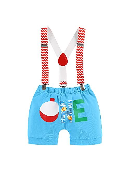 Fymnsi Fishing 1st Birthday Outfit for Baby Boys Bowtie Romper + Shorts + Suspenders + Hat Cake Smash Photo Shoot Clothes Set