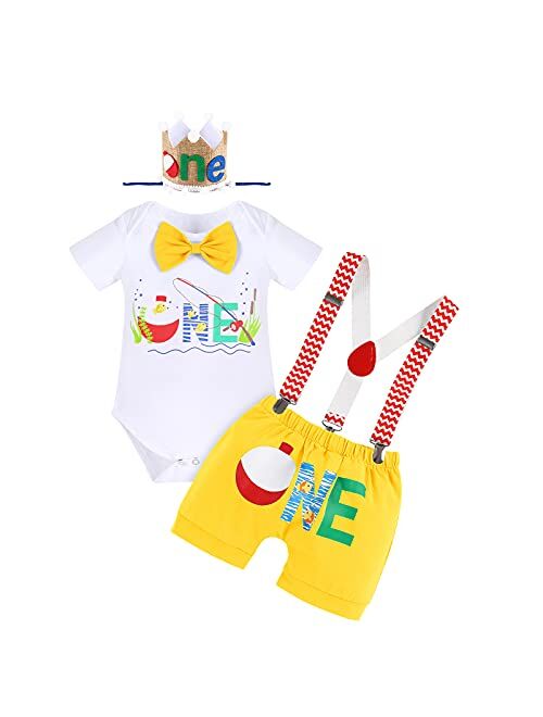 Fymnsi Fishing 1st Birthday Outfit for Baby Boys Bowtie Romper + Shorts + Suspenders + Hat Cake Smash Photo Shoot Clothes Set