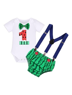 Fymnsi Baby Boy Melon 1st Birthday Cake Smash Outfit Bowtie Romper Adjustable Watermelon Shorts Party Photo Shoot Clothes Set