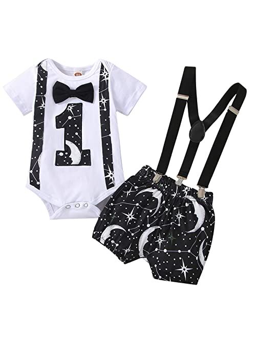 IBTOM CASTLE 1st Birthday Outfit For Boys Space Romper Suspenders Pants Gentleman First Birthday Cake Smash Photoshoot Clothes