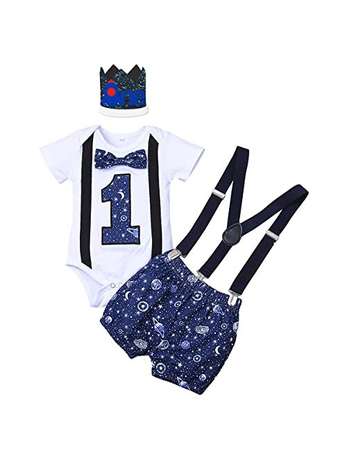 IBTOM CASTLE 1st Birthday Outfit For Boys Space Romper Suspenders Pants Gentleman First Birthday Cake Smash Photoshoot Clothes