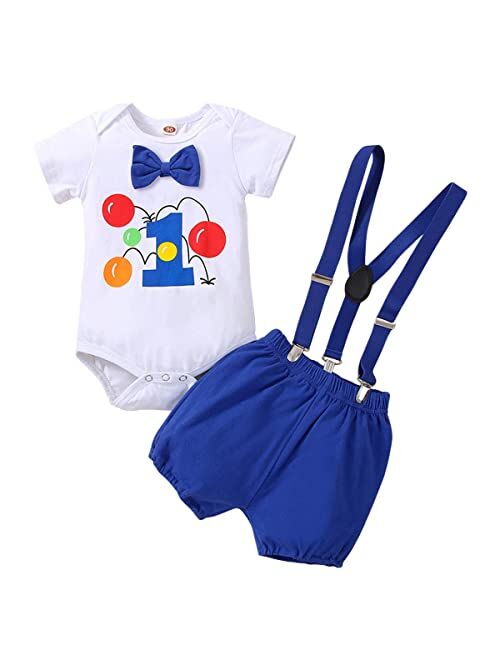 IBTOM CASTLE 1st Birthday Outfit For Boys Space Romper Suspenders Pants Gentleman First Birthday Cake Smash Photoshoot Clothes