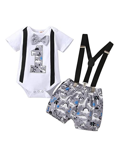 IBTOM CASTLE 1st Birthday Outfit For Boys Space Romper Suspenders Pants Gentleman First Birthday Cake Smash Photoshoot Clothes