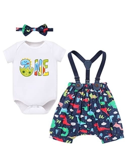 Fymnsi Baby Boys Dinosaur Cake Smash Outfit 1st Birthday Bowtie Romper + Suspendes + Dino Horn Shorts Clothes for Photo Props