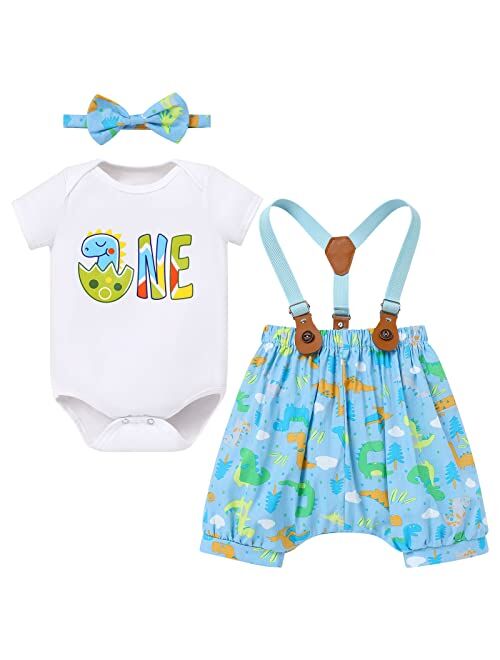 Fymnsi Baby Boys Dinosaur Cake Smash Outfit 1st Birthday Bowtie Romper + Suspendes + Dino Horn Shorts Clothes for Photo Props