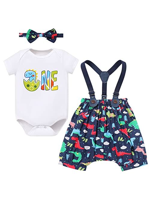 Fymnsi Baby Boys Dinosaur Cake Smash Outfit 1st Birthday Bowtie Romper + Suspendes + Dino Horn Shorts Clothes for Photo Props