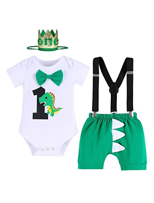 Fymnsi Baby Boys Dinosaur Cake Smash Outfit 1st Birthday Bowtie Romper + Suspendes + Dino Horn Shorts Clothes for Photo Props