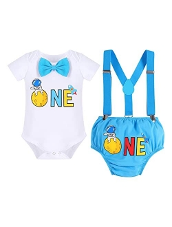 Ibakom Baby Boy 1st Birthday Cake Smash Outfit Space Theme Romper+Diaper Cover Shorts+Suspenders 3PCS Formal Party Clothes Set