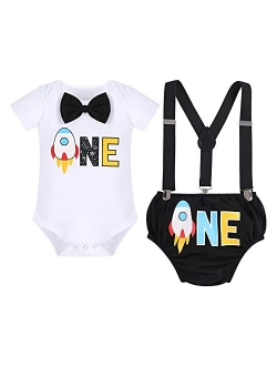 Ibakom Baby Boy 1st Birthday Cake Smash Outfit Space Theme Romper+Diaper Cover Shorts+Suspenders 3PCS Formal Party Clothes Set