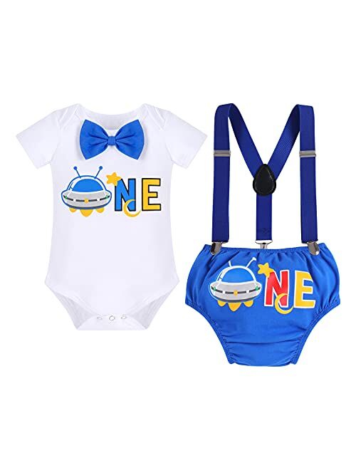 Ibakom Baby Boy 1st Birthday Cake Smash Outfit Space Theme Romper+Diaper Cover Shorts+Suspenders 3PCS Formal Party Clothes Set