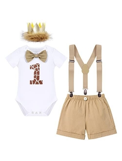 IBAKOM Baby Boy 1st First Birthday Cake Smash Outfit Jungle Safari Romper+Shorts +Y-Back Suspenders+Headband 4PCS