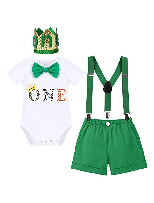 IBAKOM Baby Boy 1st First Birthday Cake Smash Outfit Jungle Safari Romper+Shorts +Y-Back Suspenders+Headband 4PCS