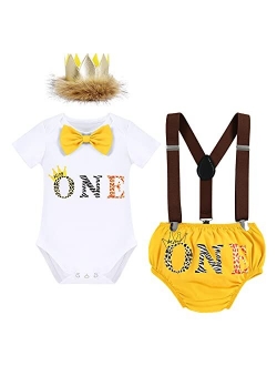 ODASDO Baby Boy Jungle Safari Theme 1st 2nd Birthday Cake Smash Outfit Romper T-shirt Shorts Suspenders Headband Set