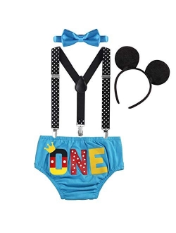 Imekis Baby Boys Cake Smash Outfit First 1st Birthday ONE Bloomers + Suspenders + Bowtie + Headband Photo Props Costume