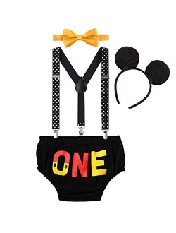 Imekis Baby Boys Cake Smash Outfit First 1st Birthday ONE Bloomers + Suspenders + Bowtie + Headband Photo Props Costume