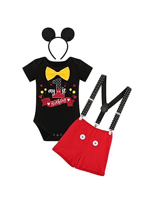 Imekis Baby Boys Cake Smash Outfit First 1st Birthday ONE Bloomers + Suspenders + Bowtie + Headband Photo Props Costume