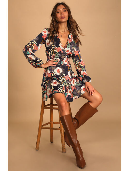 Lulus So Splendid Navy Blue Floral Satin Long Sleeve Wrap Dress