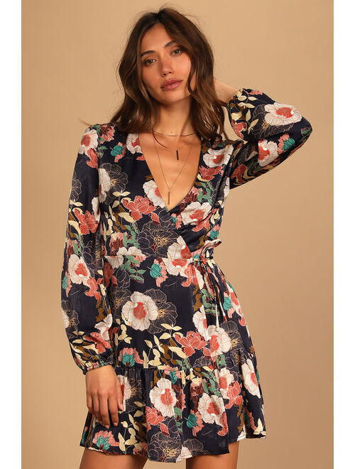 Lulus So Splendid Navy Blue Floral Satin Long Sleeve Wrap Dress