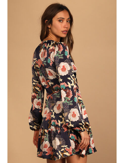 Lulus So Splendid Navy Blue Floral Satin Long Sleeve Wrap Dress