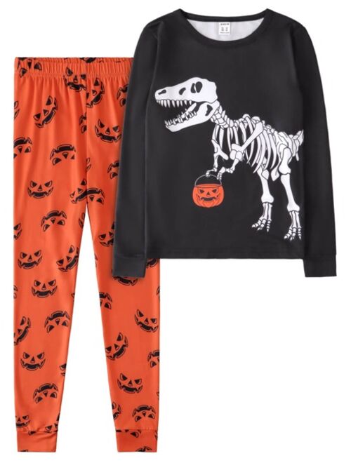 Shein Boys Halloween Pumpkin & Dinosaur Print Snug Fit PJ Set