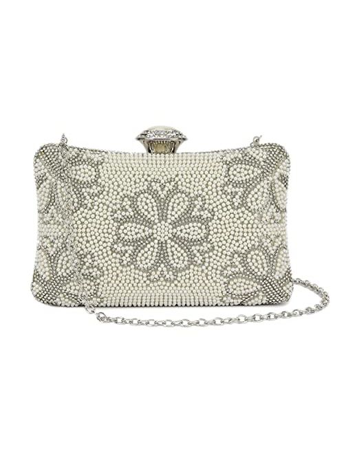 Girly Handbags Womens Beaded Flowers Pearl Box Clutch Bag